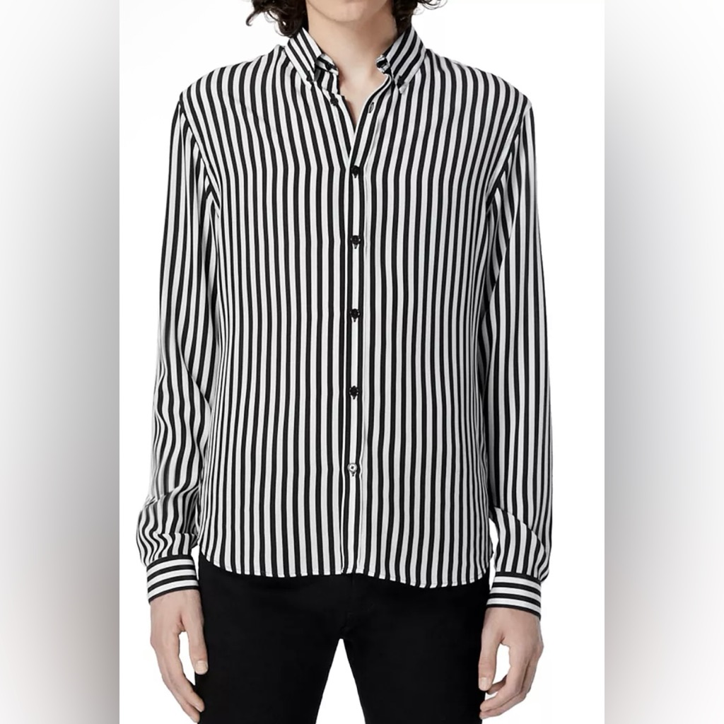 The Kooples Black And White Striped Silk Collarless Button-Down Blouse - Size Xl